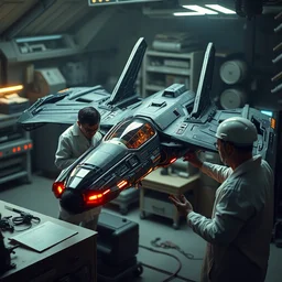 ( cyberpunk 2 0 7 7, bladerunner 2 0 4 9 ) scientists creating an artificial alien highly detailed futuristic biomechanical thick smooth quad wing combat spaceship in their spaceship lab, hyper realistic, highly detailed, sharp focus, depth of field, photography, natural light,, ultra detailed, photorealistic, by brian sum and annie leibowitz, artstation,