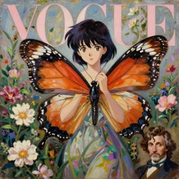 anime, woman with butterfly wings, vogue magazine, elle magazine, greg rutkowski, gerardo dottori, john singer sargent, trending on artstation, oil painting, intricate, flower garden