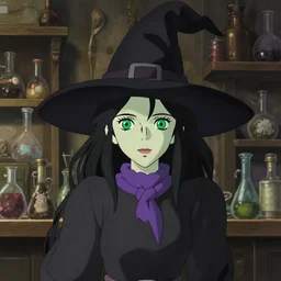 young female witch wearing a black witch hat, greenish pale skin, black hair, bright green eyes, simple black dress with purple scarf necklace, detailed perfect face, exquisite details, mid view, messy potion shop background, by studio muti, greg rutkowski makoto shinkai takashi takeuchi studio ghibli