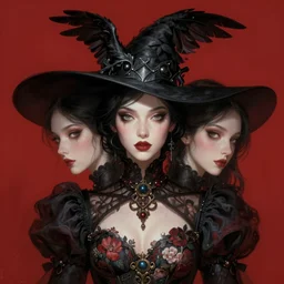 fantasy portrait, witch with 4 eyes, black hair, crow helmet, floral dress, intricate detail, photorealistic, elegant, stylish, highly detailed, digital painting, artstation, concept art, smooth, sharp focus, illustration, art by artgerm and greg rutkowski and terese nielsen, red scheme