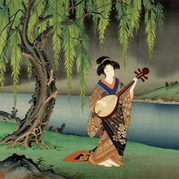 a geisha playing a shamisen next to a willow tree and a river in the style of kano school