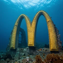 mc donald's ruins underwater, wide shot, intricate details, caustics
