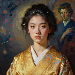 beautiful girl face mixed in golden kimono, cinematic light, fresco by michealangelo, wasili kandinsky, peblo pocasso, epic, dramatic, liquid oil painting, acrylic, unreal engine, 3 d render, hypperrealistic, 7 0 mm photography, kodak xtra 4 0 0, electrons flying in the sky,