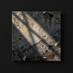 a photo of square canvas mounted on a black wall, grunge, messy, ruined