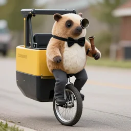 bobcat with a bowtie and pipe, riding on unicycle, realistic,