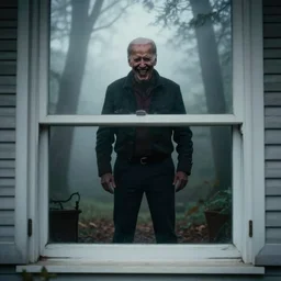 low quality iphone photo taken in front of a house window of joe biden with standing ominously in the foggy woods with a demonic wide smile in his face, creepy