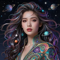 one super realistic beautiful young womans face, magical, space stars and planets in her hair, windblown, intricate, synth-wave, retrowave, colorful,  highly-detailed, elegant, dramatic lighting, gorgeous face, lifelike, photorealistic face, long luxurious intricate gown, digital painting, artstation,  illustration, concept art, smooth, sharp focus, art by Jude Palencar, John Collier, artgerm, and Albert Aublet and Krenz Cushart and Artem Demura and Alphonse Mucha