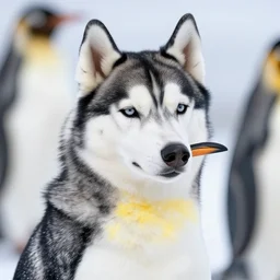 a husky head on a penguin body