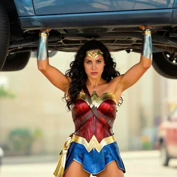 wonder woman lifting a car