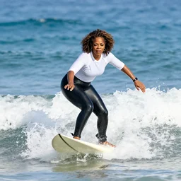 oprah winfrey surfing in the ocean, photograph portrait, 4 k high definition photography
