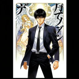 professionally drawn seinen mature cyberpunk detective horror action manga comic cover about angels, angels, angels heaven, full color, beautifully drawn coherent professional, drawn by ilya kuvshinov, ilya kuvshinov, alphonse mucha and tsutomu nihei. japanese script kanji hiragana on the cover. simplistic minimalist stylized cover art.