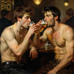 attractive muscular male and his attractive muscular male friend, drinking their hearts out, in a pub. highly detailed painting by gaston bussiere, j. c. leyendecker, craig mullins