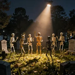 skeletons have a night party at the cemetery