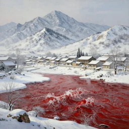 a gorgeous bleak winter landscape painting by barlowe wayne maxfield parrish and marco mazzoni. china mountain village. ultra clear detailed. 3 d, octane render. turbulent blood lake.