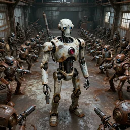 a realistic deranged robot standing in front of an army of robots inside a huge rusty dingy warehouse, army of robots, raygun gothic, atomic punk, digital art, detailed octane render, high angle