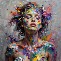 abstract expressionist mid shot portrait of a beautiful kendra sunderland fully covered of very thick impasto paint and acrylic pour and coloured powder explosion and splashing paint and dripping paint and flying paint chunks, eyes closed or not visible, expressing strong emotions, beautiful iridescent colours, art by antony micallef, motion blur, hyperrealistic, intricate art photography, anatomically correct, realistic crisp textures, 1 6 k