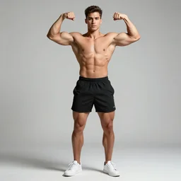 Gigachad Sam Hyde flexing muscular body, wearing black shorts and white sneaker shoes, portrait of by Stanley Artgerm Lau, WLOP, Rossdraws, James Jean, Andrei Riabovitchev, Marc Simonetti, Yoshitaka Amano, ArtStation, CGSociety,