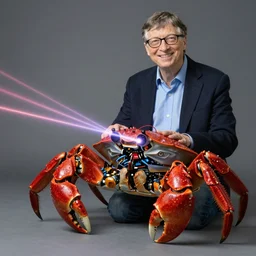 bill gates riding a robotic crab shooting lasers from his eyes