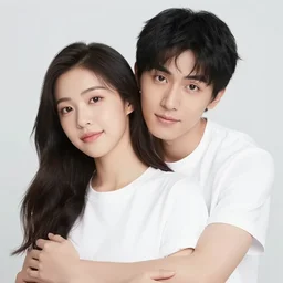 handsome blackhaired guy hugs a cute beautiful girl from behind