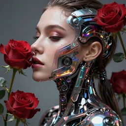 kiss of victory, female face, cyberpunk cyborg. roses, close up sci - fi, intricate abstract upper body intricate artwork, by tooth wu, wlop, beeple, dan mumford. concept art, octane render, deviantart, greg rutkowski, cinematic arthouse, key art, wong kar wai, style, hyper realism, iridescent accents