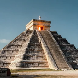an astronaut standing next to a glowing portal on the top of an aztec pyramid, photorealistic, ultra high resolution, ultra detailed, 8 k, hill