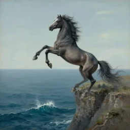 a demon horse falls off a cliff and into the ocean, beksinski, dariusz zawadzki, surreal, ethereal