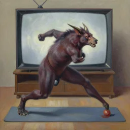 minotaur doing aerobic in front of a television, oil painting, by greg rutkowski