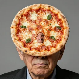 studio portrait of old man with a perfectly round head, shaped like a pizza, with a small face sticking through the center of a pizza margherita, disturbing reality, shocking revelation, unsettling, extremely detailed, soft lighting, sharp close - up, droopy eyes, exhibition, masterpiece by michal karcz and yoshitaka amano