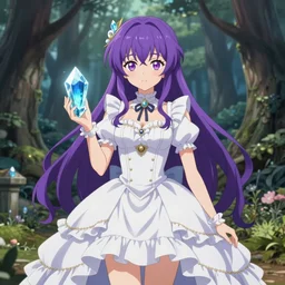 full body cute bombshell anime waifu woman with purple hair, victorian white ruffly dress, holding divine ocean crystal. isekai enchanted forest. symmetrical face. symmetrical detailed defined eyes. beautiful lineart. pixiv trending