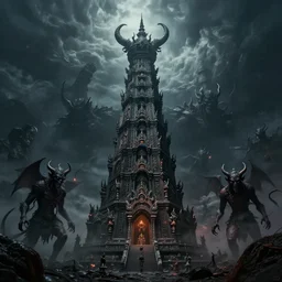 tower of the hirophant surrounded by demons, hell, dark atmosphere, landscape