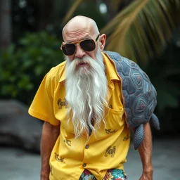 portrait of an old skinny ripped bald man with long white beard and mustache, in sunglasses and oversized yellow hawaiian shirt, shorts and flip - flops, purple turtle shell on his back
