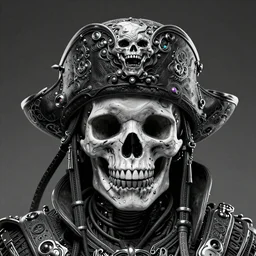 portrait of a space pirate skull. intricate abstract. intricate artwork. nightmare fuel. terrifying. by Tooth Wu, wlop, beeple, dan mumford. octane render, trending on artstation, greg rutkowski very coherent symmetrical artwork. cinematic, hyper realism, high detail, octane render, 8k, iridescent accents, black and white
