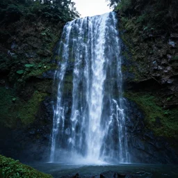 A realistic photo of a natural landscape of a neon waterfall