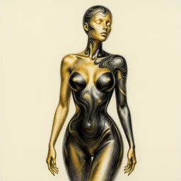 pencil drawing illustration, gold bodypaint, neobrutalistic, digital abstract sculpt of beautiful female body and black swirling latex acrylic portrait, black latex sculpt, minimalism, mechanical superstructure, strong wind, sacred geometry, 8 k, cinematic, magic hour, beautiful light, sculpture of carving marble, dark colors, filigree ornaments, one point light, clockwork skull