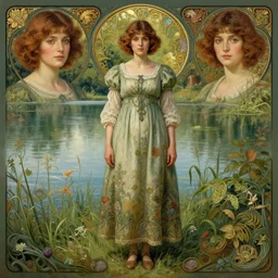 symmetrical, full body portrait of a woman with short wavy hair, round face, cottagecore!!, lake, intricate, wild, highly detailed, digital painting, artstation, concept art, smooth, sharp focus, illustration, art by artgerm and greg rutkowski and alphonse mucha