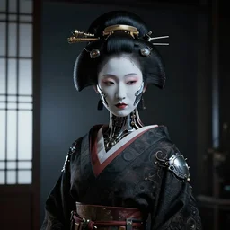 a hyper realistic futuristic, minimal, stunningly cyborg tradition geisha photograph, covering face with a intricate sci - fi equipment, high fashion, in a dark futuristic room, metal gear solid, dark moody backlighting, paper door, ray tracing, ambient light, octane render,