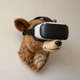 bezoan head on the wall, stuffed animal in vr helmet, hyper - realistic, 4 k, unreal engine, highly detailed