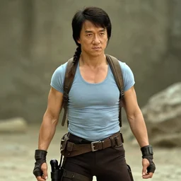 film still of jackie chan as lara croft in new tomb raider movie, 8 k
