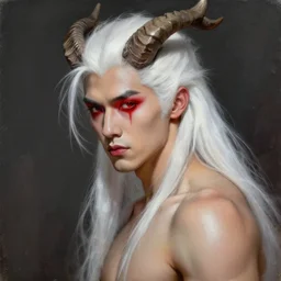 buffed guy, long white hair, horns, red eye makeup, painting by by ralph grady james, jean christian biville