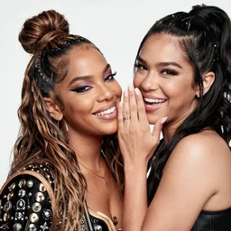 photo of doja cat & trisha paytas whispering to each other and giggling while they look at the camera, , intricately detailed, dslr, 85mm pentax, f/1.3, award winning