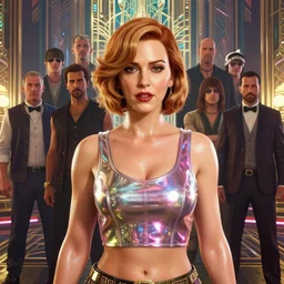 symmetrical!!!, looking at camera!!!, highly detailed upper body portrait christina hendricks wearing shiny plastic crop top during the roaring 2 0 s, artdeco, glistering skin, oiled, in gta v, stephen bliss, unreal engine, fantasy art by greg rutkowski, loish, rhads, ferdinand knab, makoto shinkai and lois van baarle, ilya kuvshinov, rossdraws, tom bagshaw, global illumination, radiant light, detailed and intricate environment
