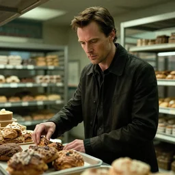 film still of hugo weaving as agent smith working in a bakery in the new matrix movie, 4 k