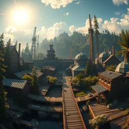 a beautiful photorealistic render of urbex city architecture nature building dock industrial architecture by winslow homer, elysian cgsociety fisheye cosmic morning sun retro myst universe tundra architecture island rainforest darkacademia poppy, archdaily, wallpaper, highly detailed, trending on artstation.