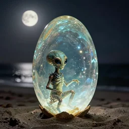 an early 1 9 0 0 s photograph of an alien hatching from a levitating luminescent alien egg on the beach, moonlight, at nighttime,