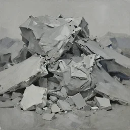 painterly warped wadded knotted heap, dull grey expressionism, masterful rendering of construction rubble dark crevices