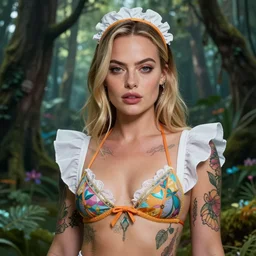 Margot robbie as a beautiful tattooed female maid wearing a magical bikini in a magical forest, highly detailed face, realistic face, piercing gaze, fantasy art, in the style of artgerm, illustration, epic, fantasy, intricate, hyper detailed, artstation, concept art, smooth, sharp focus, ray tracing, vibrant, realism
