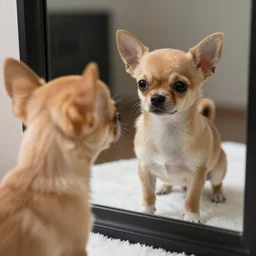 a honey colored chihuahua puppy looking at his reflection in the mirror from the front , in second person-n10