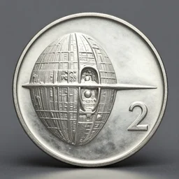 silver coin with a relief of death star and number 2
