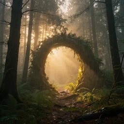 photograph of an interdimensional portal appearing in the middle of a forest, fog, rain, volumetric lighting, beautiful, golden hour, sharp focus, ultra detailed, cgsociety