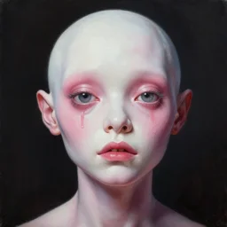 a beautiful professional three quarter portrait face portrait of a white and sticky pink strange creature from the thing movie and alien movie, hight detailed painting by dani diamond, greg rutkowski and ilya repin, peter mohrbacher, joseph christian leyendecker, nice studio lighting, smooth tiny details, soft and clear shadows, low contrast, fashion photograhy, perfect